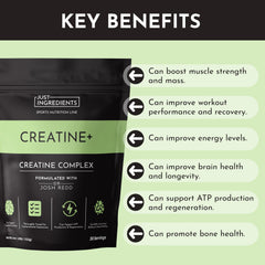 Just Ingredients creatine monohydrate powder serving scoop suggests convenient daily dose.