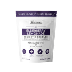 JUST INGREDIENTS Elderberry Lemonade stick pack beside a glass for daily gut support.
