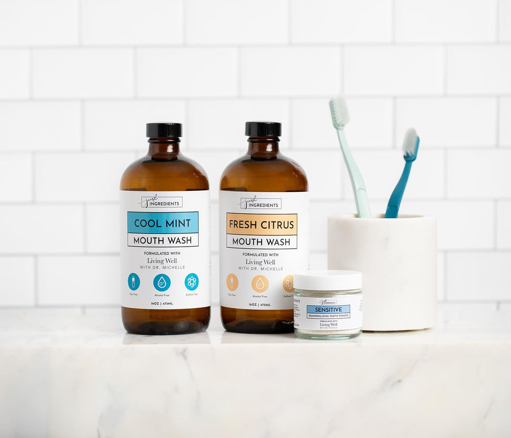 JUST INGREDIENTS Fresh Citrus Mouthwash label highlights enamel support with Hydroxyapatite and SilverSol technology.