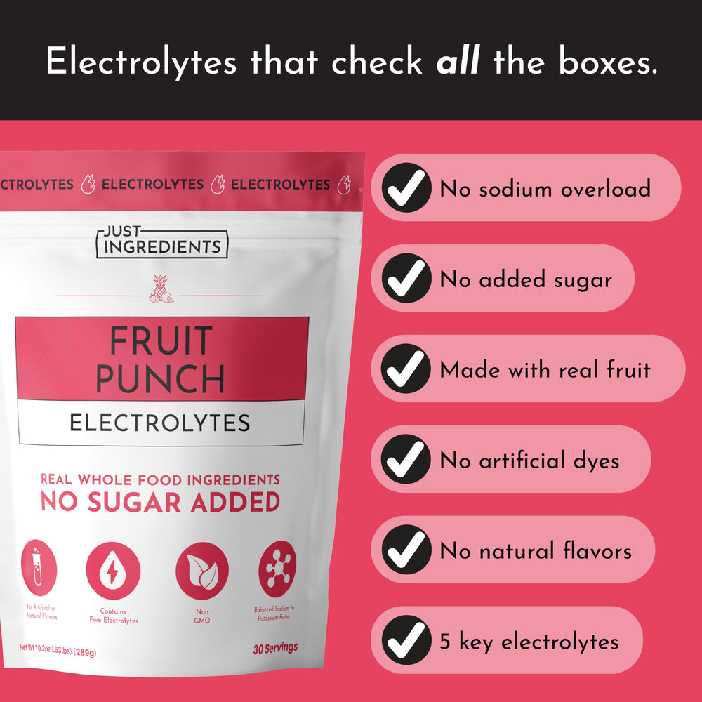 JUST INGREDIENTS Fruit Punch label closeup highlights natural fruit flavor and clean ingredients.