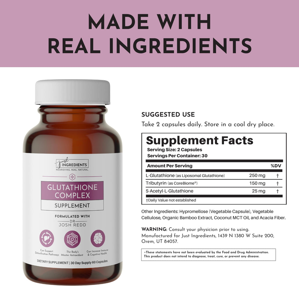 JUST INGREDIENTS Glutathione Complex on kitchen counter for daily routine