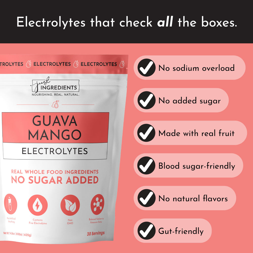 JUST INGREDIENTS Guava Mango drink mix in glass with vibrant color