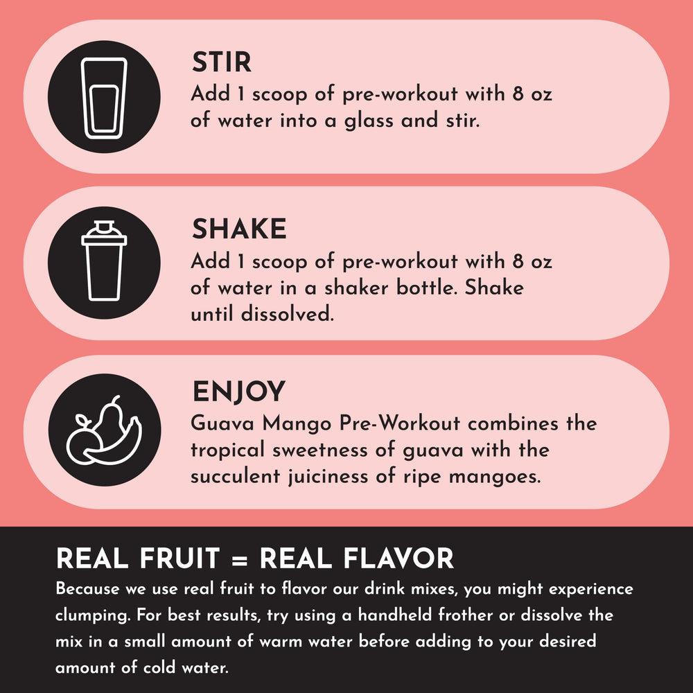 Just Ingredients Guava Mango pre-workout glass with powder dissolving smoothly