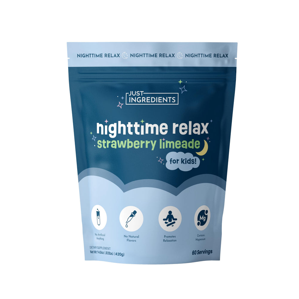 JUST INGREDIENTS Nighttime Relax bottle suggests a calm, kid-friendly bedtime routine.