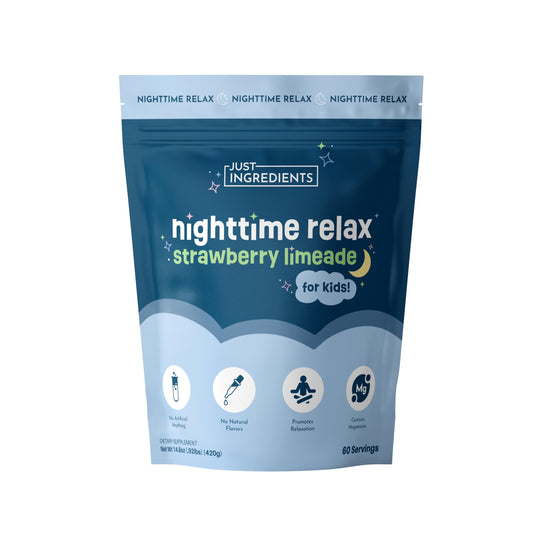 JUST INGREDIENTS Nighttime Relax bottle suggests a calm, kid-friendly bedtime routine.