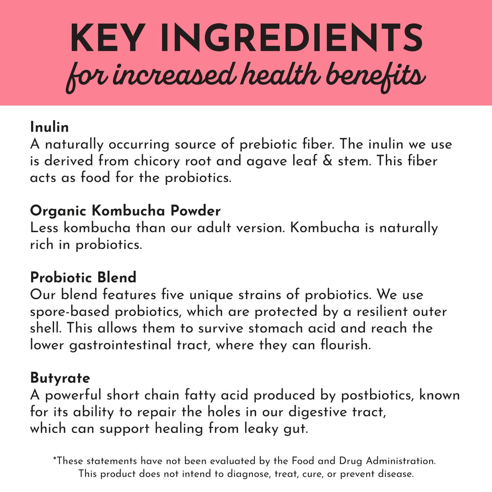 JUST INGREDIENTS Kids Probiotic Drink Mix fruit-punch flavor with natural extracts for kid-friendly taste.