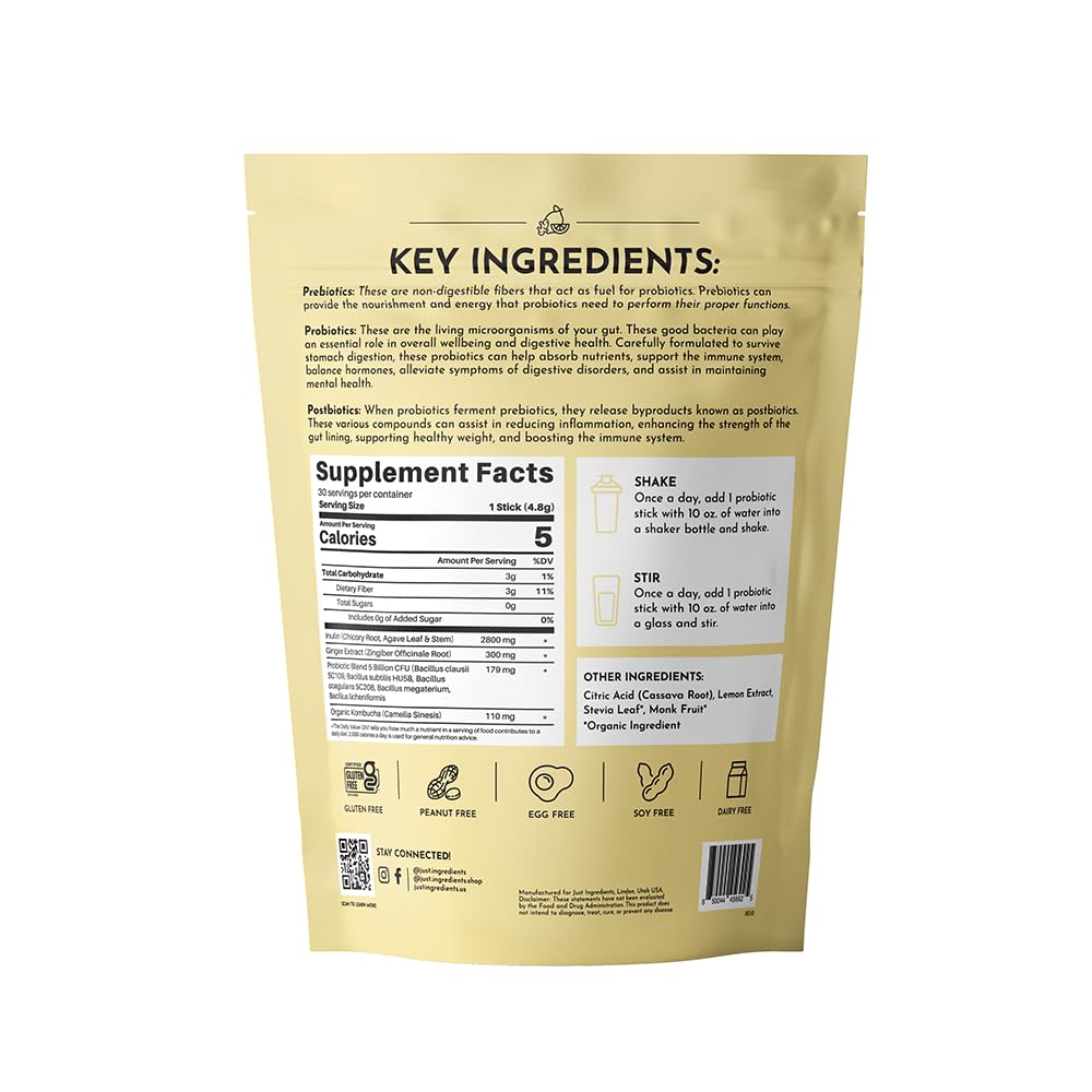 JUST INGREDIENTS Lemon Ginger Probiotic Complex package showing a 30-stick box for daily use.