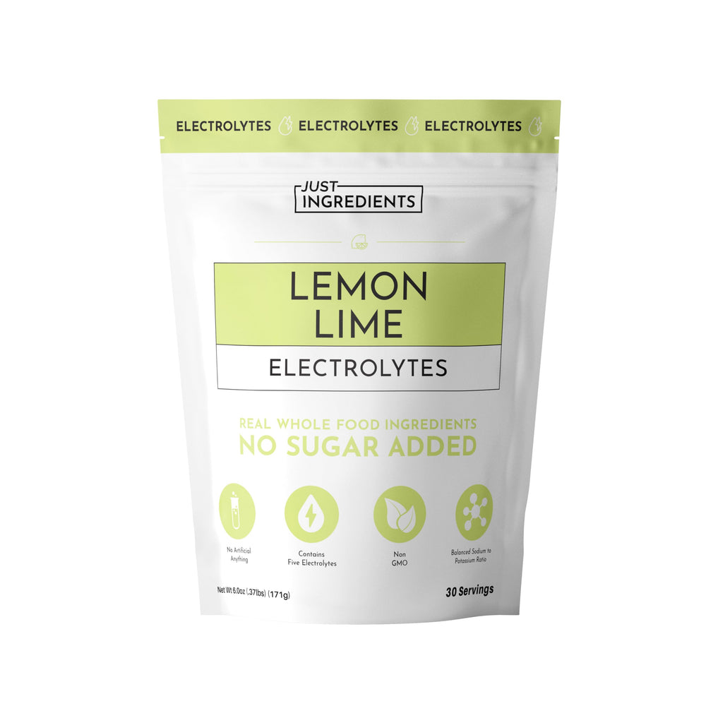 Just Ingredients Lemon Lime Electrolytes bottle pour for quick hydration.