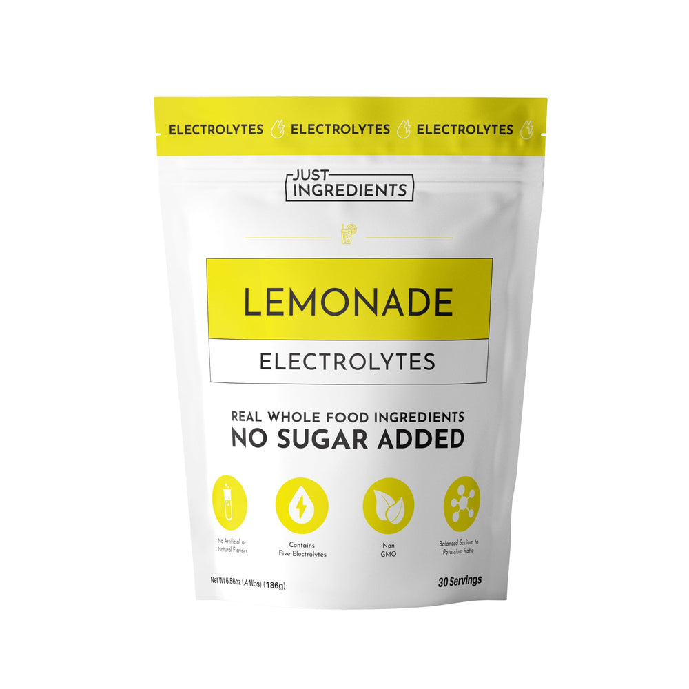 JUST INGREDIENTS Lemonade Electrolytes powder ready to mix for quick hydration.