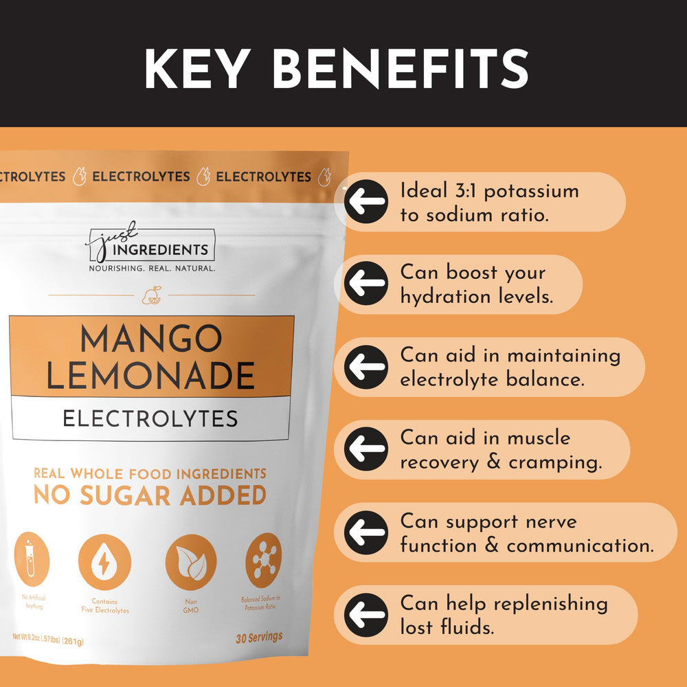 Boxed JUST INGREDIENTS Mango Lemonade packaging highlights clean ingredients
