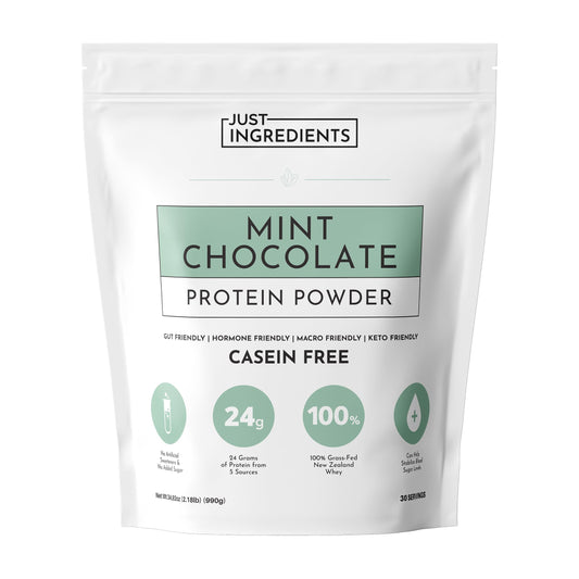 JUST INGREDIENTS Mint Chocolate Protein Powder bag front designed for everyday shakes.