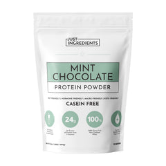 Just Ingredients Mint Chocolate Protein Powder bottle on counter for a refreshing protein boost