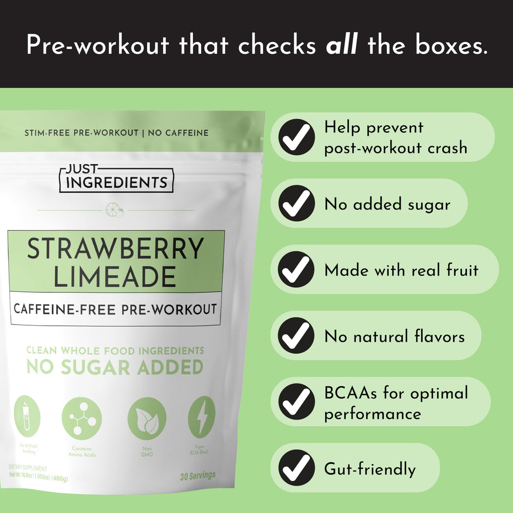 JUST INGREDIENTS natural energy from caffeine-free sources emphasizes focused workouts.