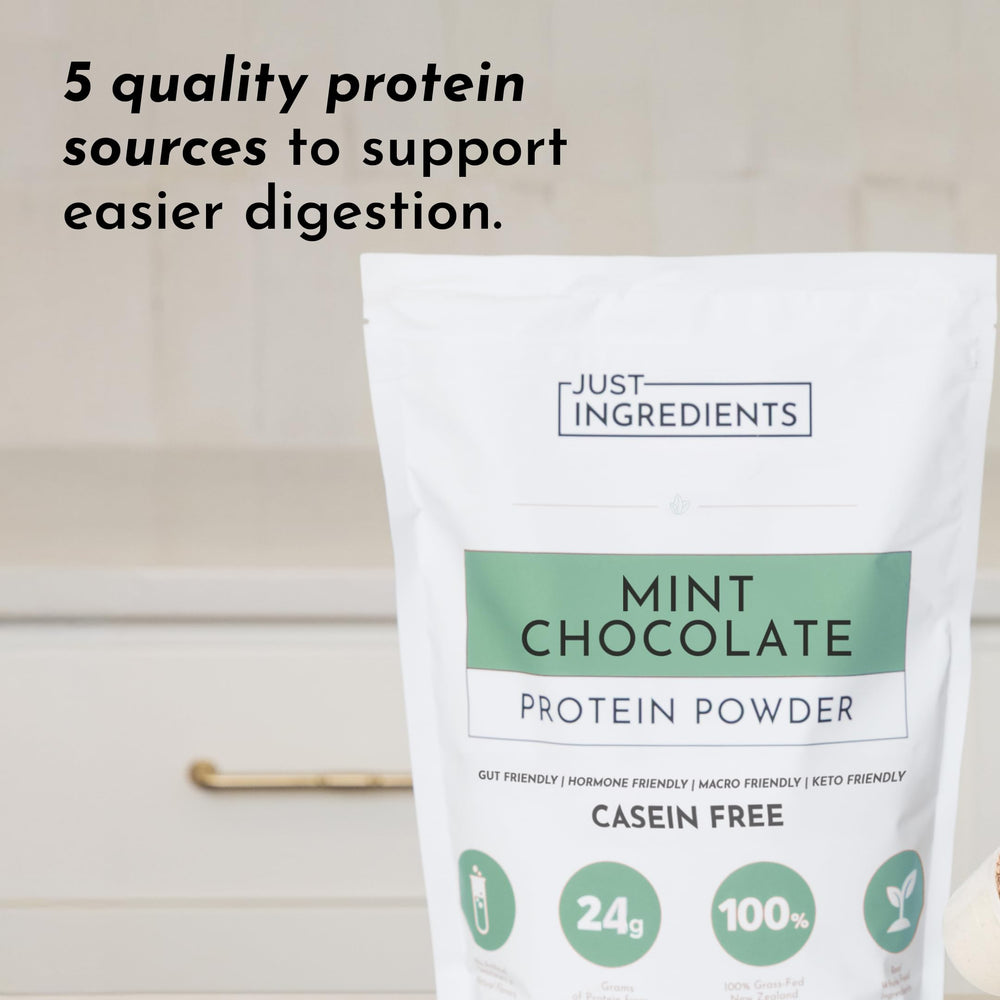 JUST INGREDIENTS Peppermint leaves beside protein powder for fresh flavor cue.