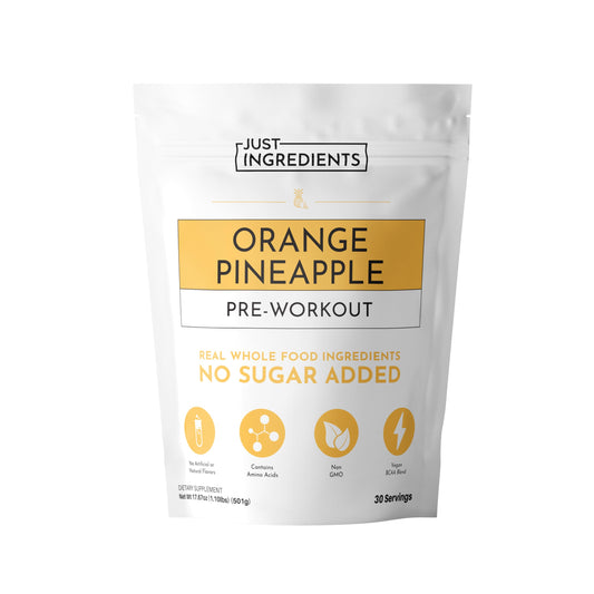 Just Ingredients Pre-Workout bottle highlights orange pineapple flavor for energy and focus.