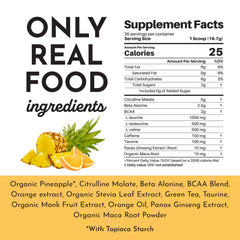 Just Ingredients Pre-Workout label highlighting the BCAA blend and performance ingredients.