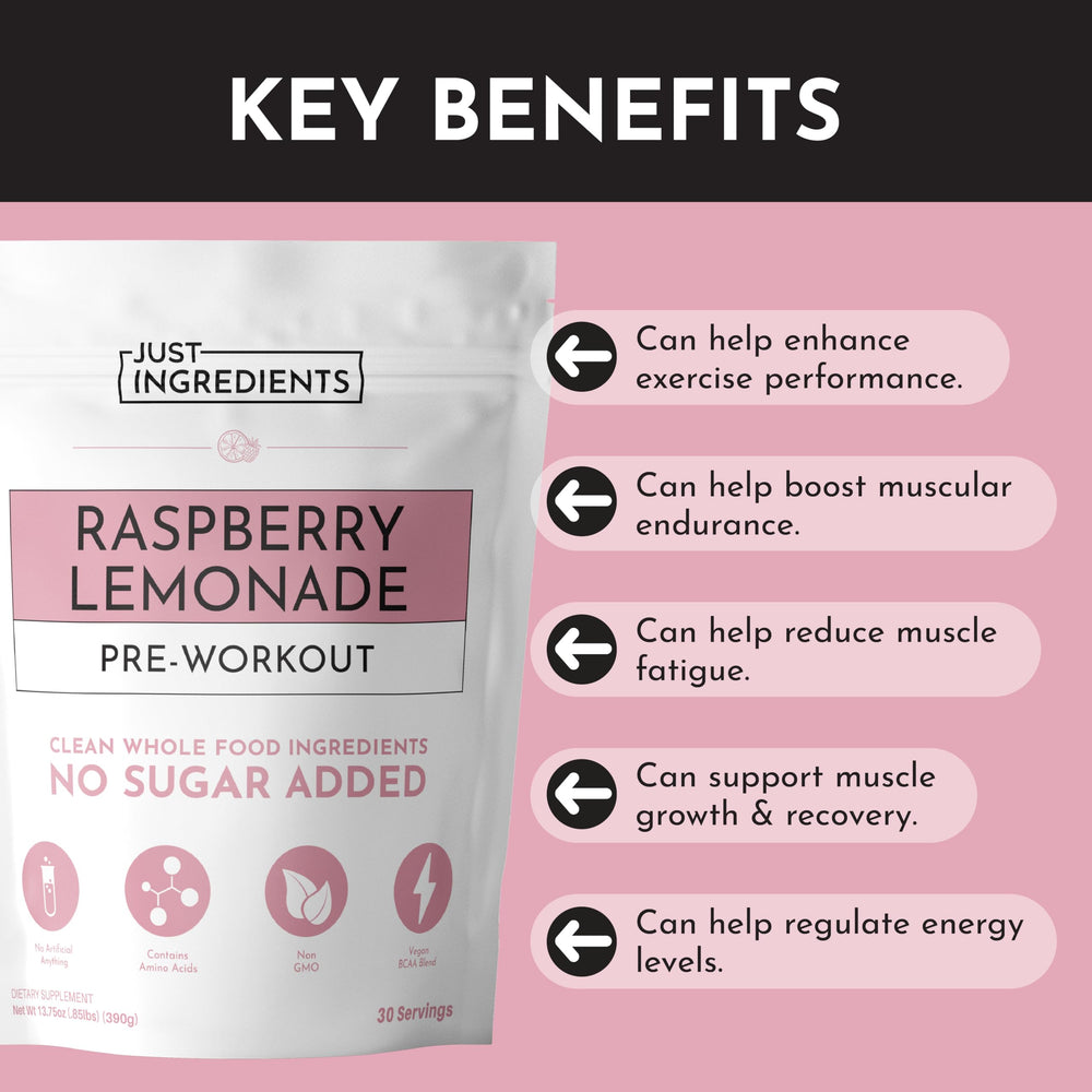 Just Ingredients Pre-Workout Raspberry Lemonade glass shows refreshing flavor and sustained focus.