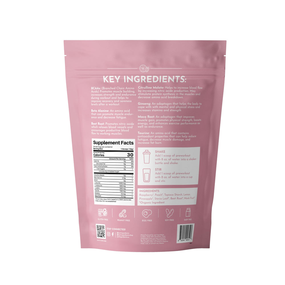 JUST INGREDIENTS pre-workout raspberry lemonade scoop demonstrates quick mix and endurance support