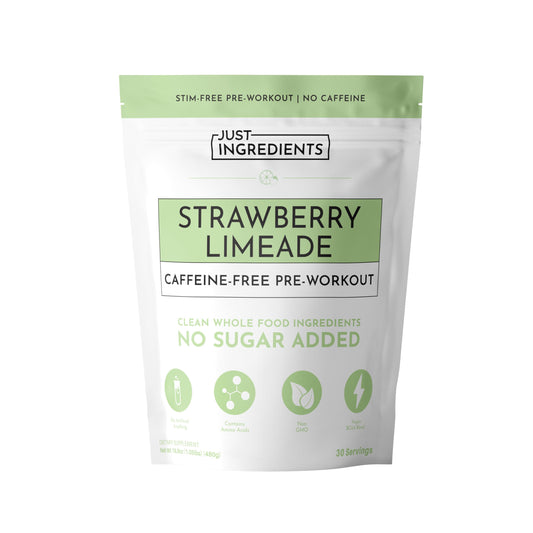 JUST INGREDIENTS pre-workout strawberry limeade bottle offers caffeine-free energy for workouts.