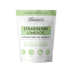 JUST INGREDIENTS pre-workout strawberry limeade bottle offers caffeine-free energy for workouts.