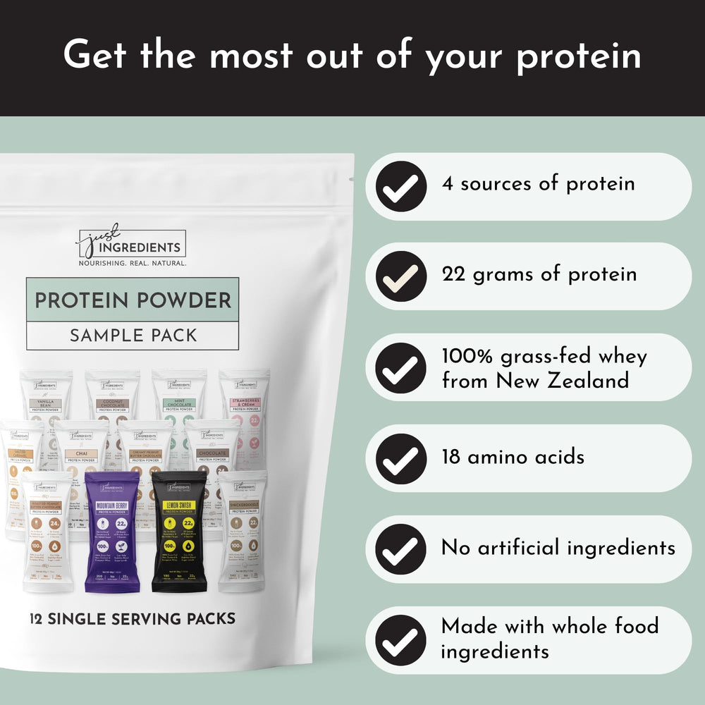 JUST INGREDIENTS 4-sources protein blend container shows whey, pea, collagen, and chia.
