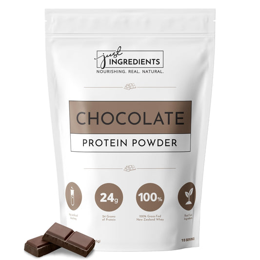 JUST INGREDIENTS chocolate protein powder tub for a rich, low-sugar shake.