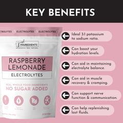 Just Ingredients Raspberry Lemonade Electrolytes pouch shown for portable hydration on the go.