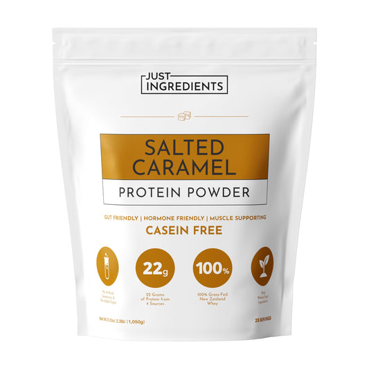 JUST INGREDIENTS Salted Caramel Protein Powder tub with real ingredients for recovery potential