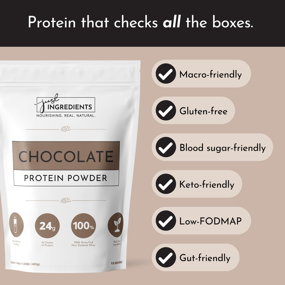 JUST INGREDIENTS smoothie-ready powder blends with milk or water.