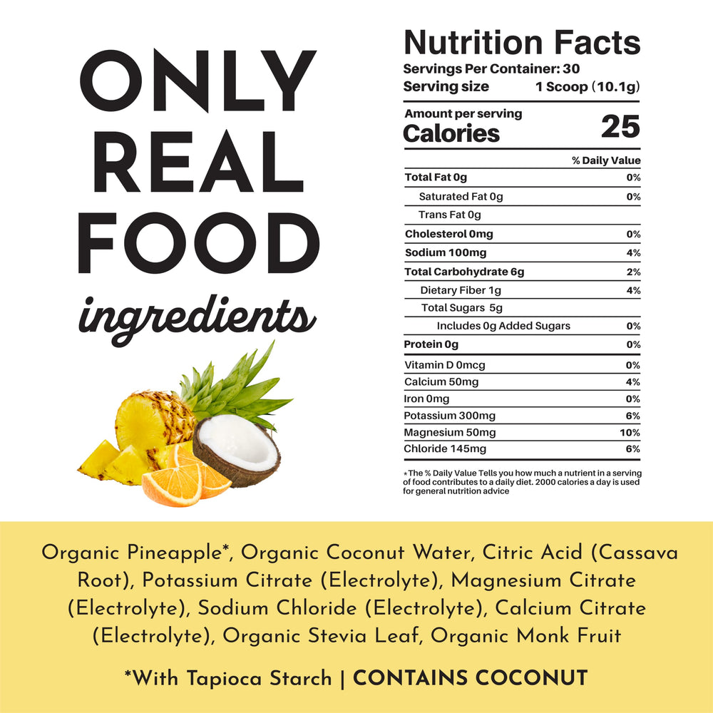 JUST INGREDIENTS Tropical Paradise Electrolytes fruit-flavor image emphasizes guava mango coconut profile.