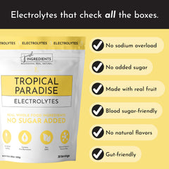 JUST INGREDIENTS Tropical Paradise Electrolytes serving glass highlights tropical flavor and thirst-quenching appeal.