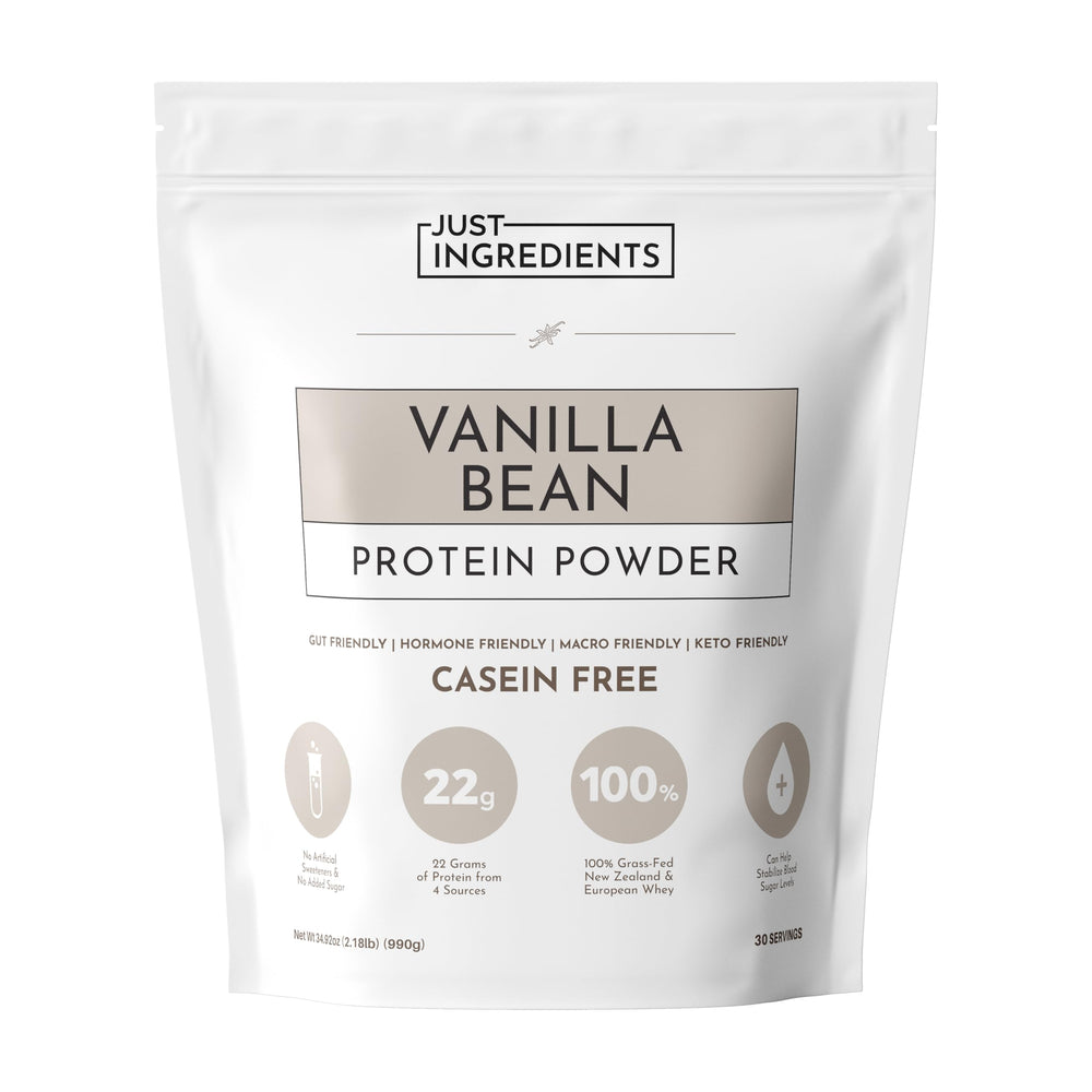 JUST INGREDIENTS Vanilla Bean Protein Powder bottle highlights premium whey for muscle support and everyday protein.