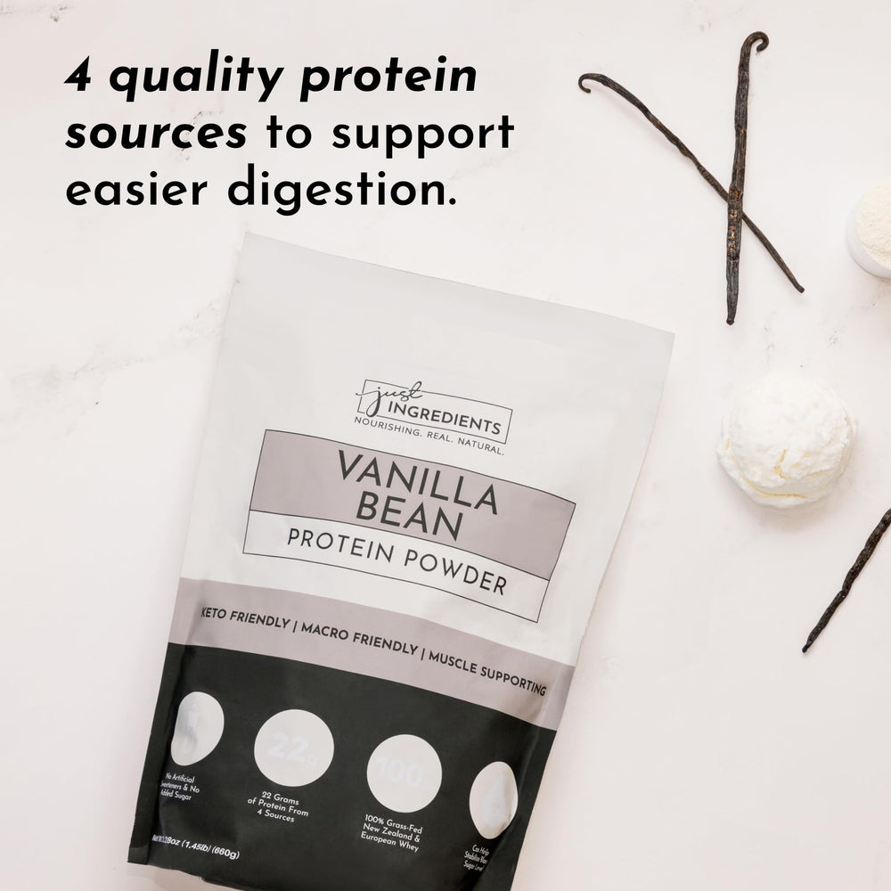 JUST INGREDIENTS Cinnamon-vanilla powder detail, suggesting a flavorful shake option.