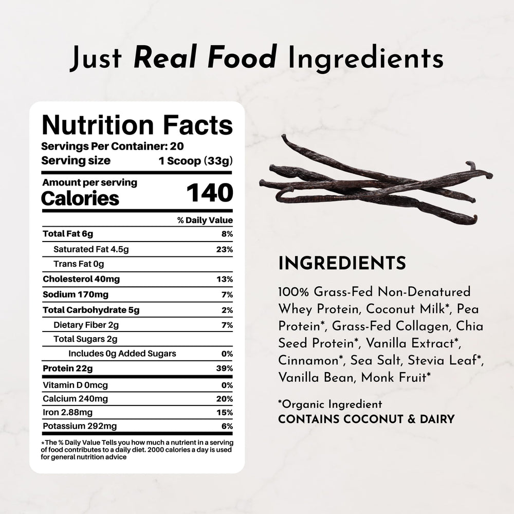 JUST INGREDIENTS Vanilla Bean Protein Powder scoop showing the protein blend for daily fueling.