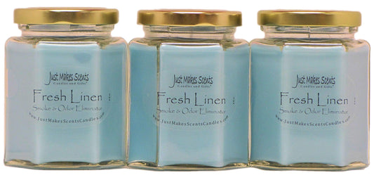 Just Makes Scents Fresh Linen candle jar for odor elimination and clean air.