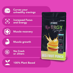 Just Move Fruit Punch Energy Rush label closeup emphasizes zero calories and plant-based formula