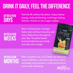 Just Move Fruit Punch Energy Rush glass with ice suggests refreshing taste and sustained focus