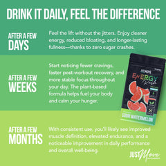 Just Move Sour Watermelon Energy Rush bottle label highlighting plant-based, zero-calorie formula