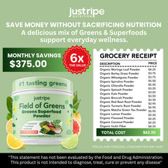 Green Field of Greens powder bottle highlighting plant based nutrition.