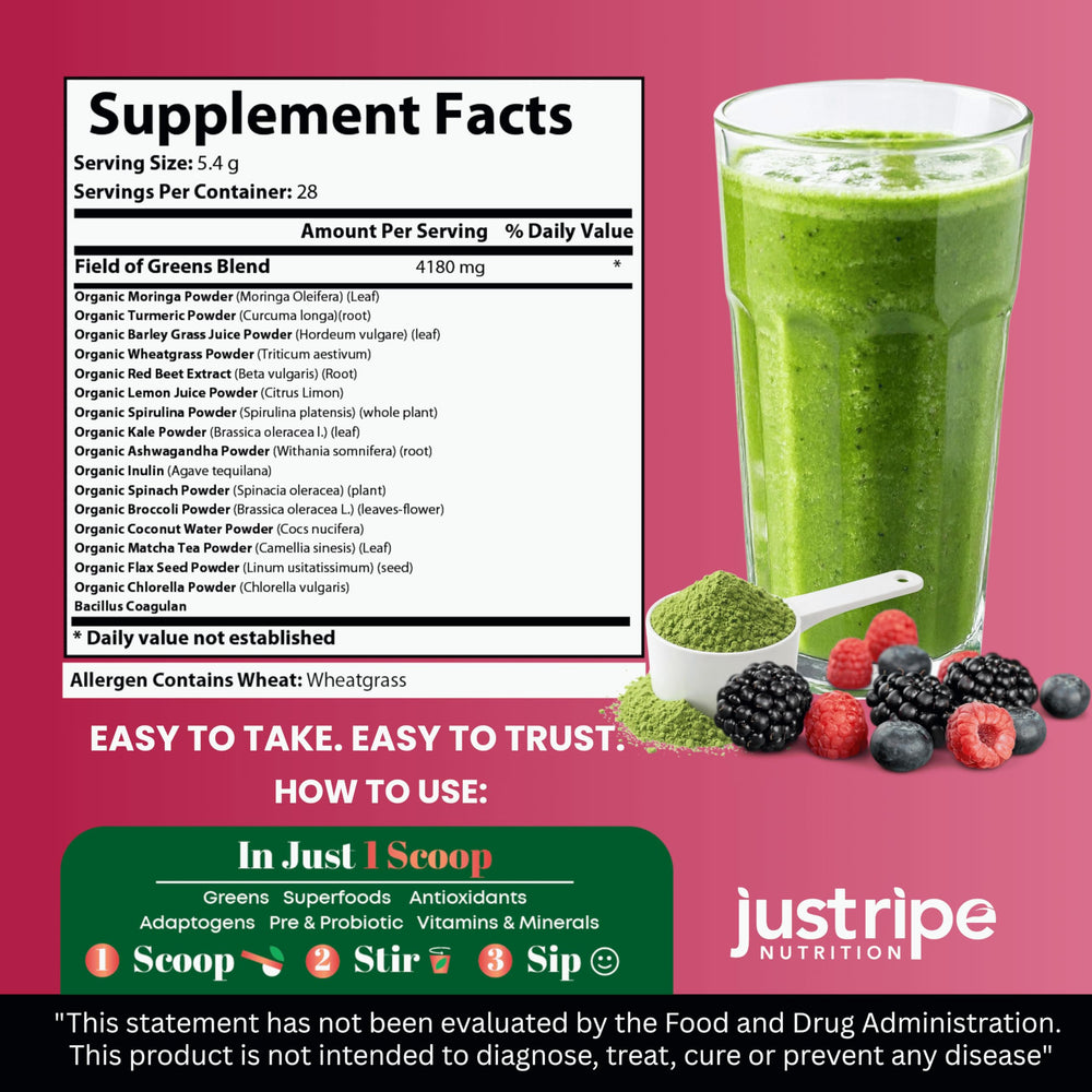 Just Ripe Field of Greens mixed-berry glass served a refreshing, caffeine-free energy lift