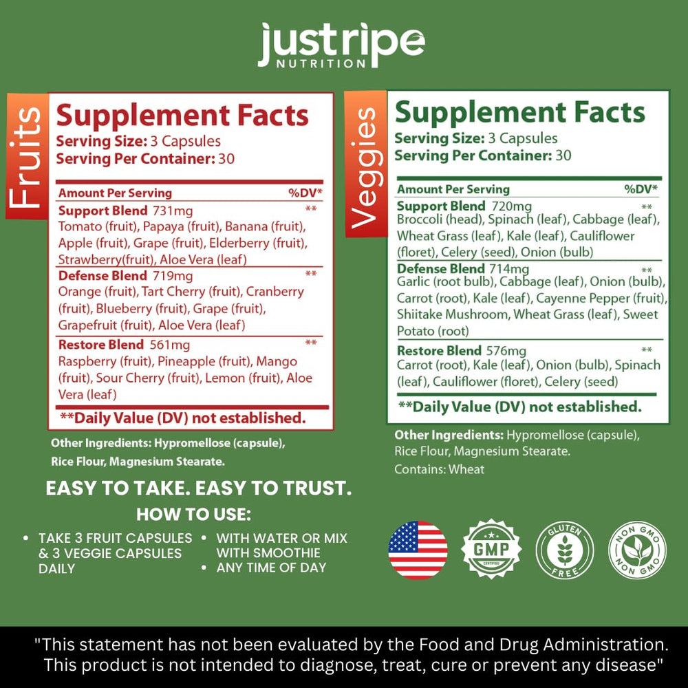 Just Ripe Nutrition red bottle showing Fruits and Veggies capsules for immune and vitality support