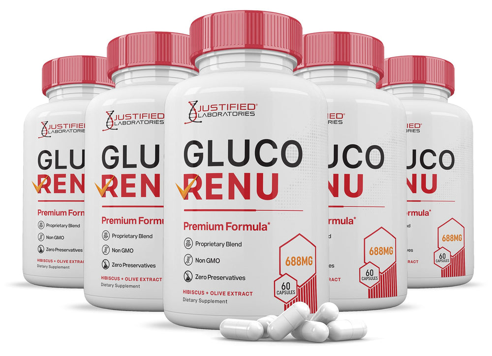 Justified Laboratories Gluco Renu bottle front with easy-to-swallow capsules for daily wellness.