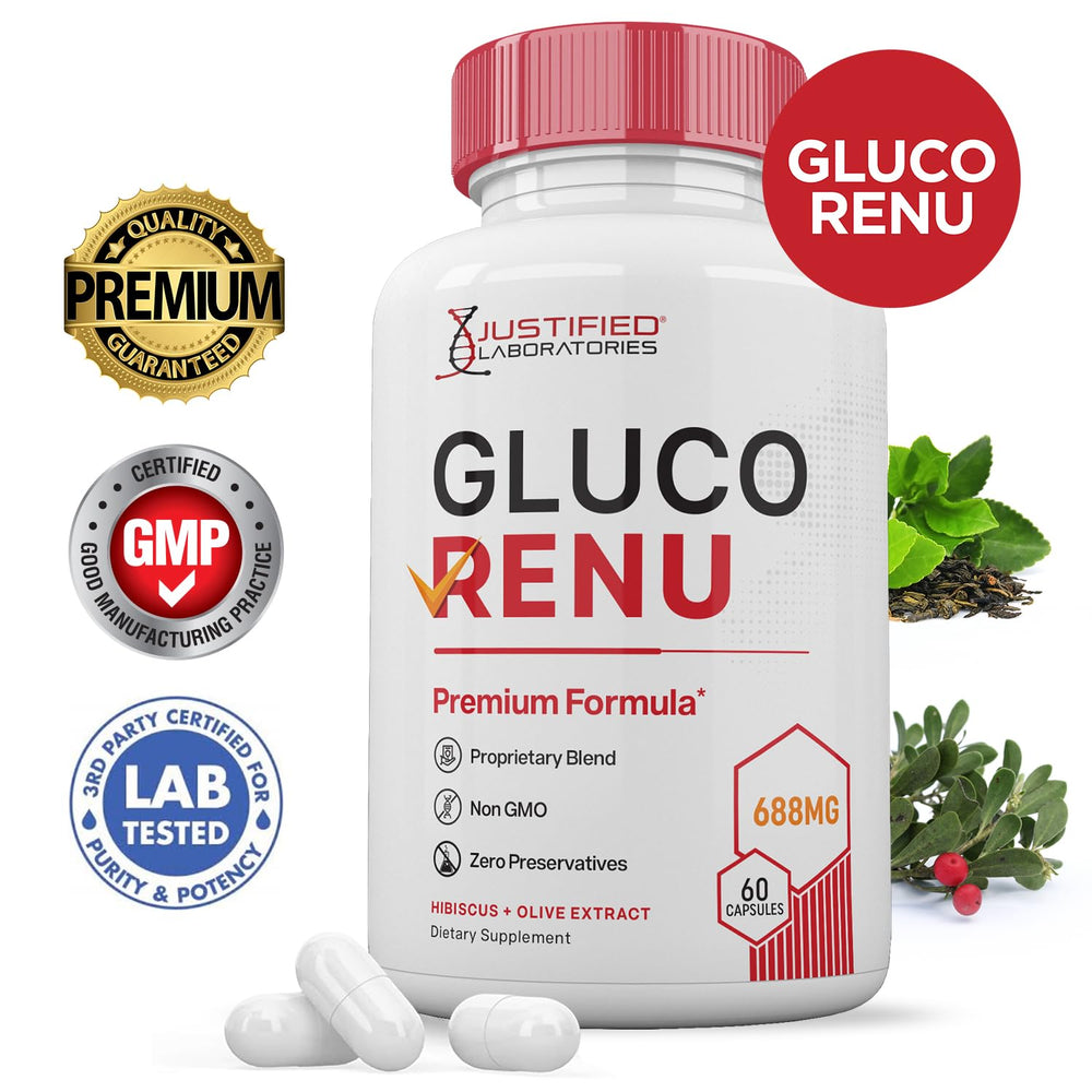 Close-up of Justified Laboratories Gluco Renu capsules for convenient daily support.