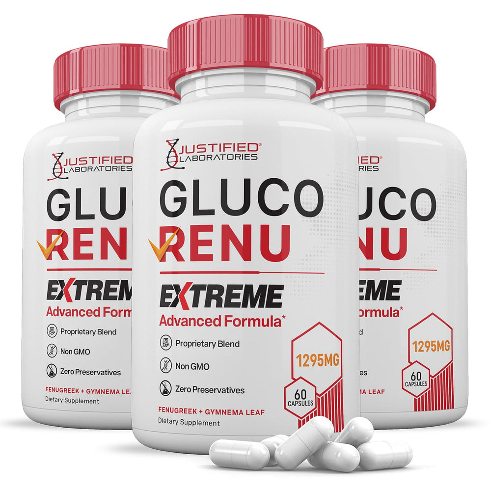 Justified Laboratories Gluco Renu Extreme bottle for daily wellness support.