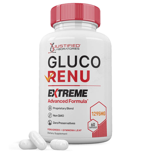 Justified Laboratories Gluco Renu Extreme bottle for simple daily glyco support.