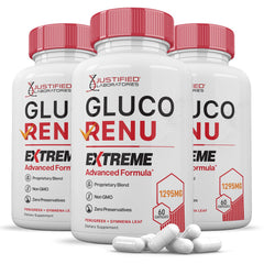 Justified Laboratories Gluco Renu Extreme bottle for daily wellness support.