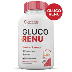 Justified Laboratories Gluco Renu label packaging highlighting premium formula for everyday support