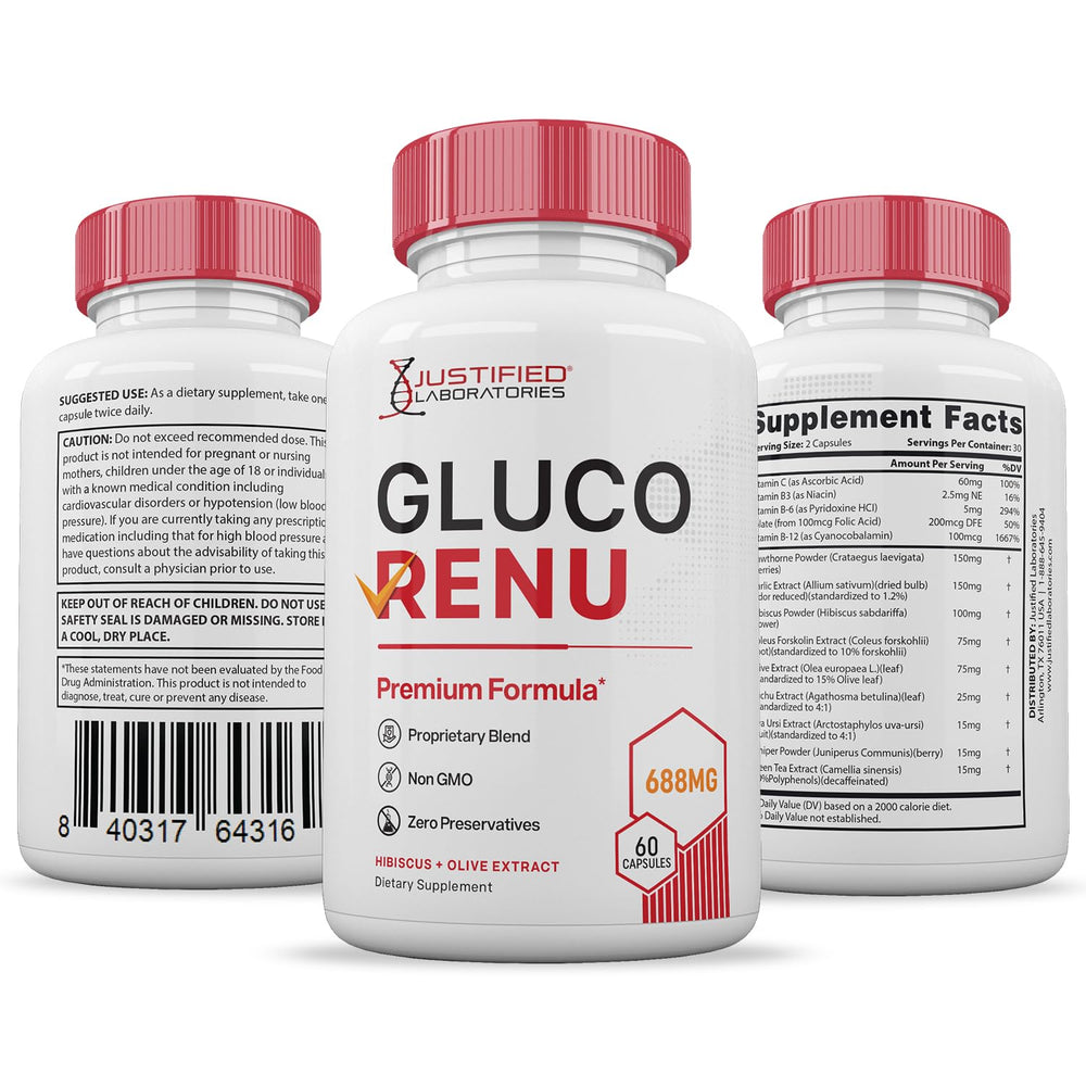 Justified Laboratories Gluco Renu packshot emphasizes two-pack value