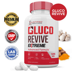 Justified Laboratories Gluco Revive Extreme ingredients closeup showing turmeric for daily wellness.