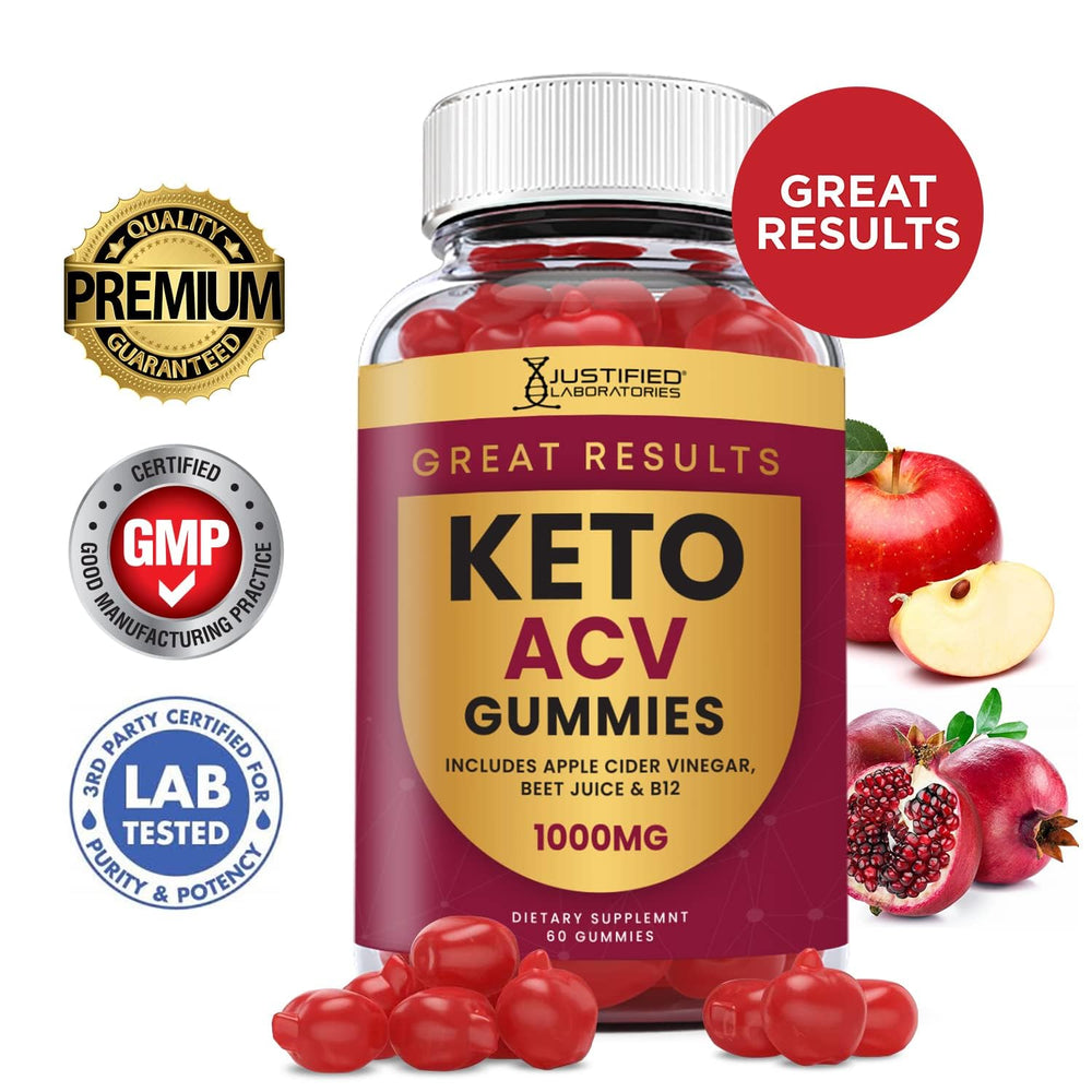 Justified Laboratories Great Results Keto ACV Gummies close-up, chewy texture and flavor.